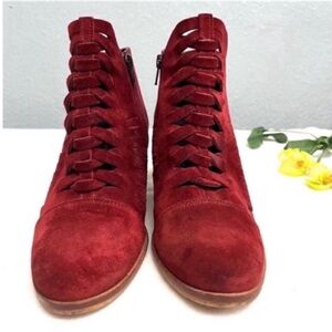 Free People Lace-Up Ankle Boots Block Heel Red Suede Sz 8.5
